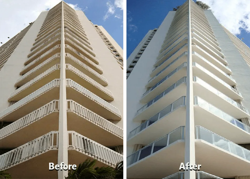 Photo of before-and-after modernization for glass rail balustrade.