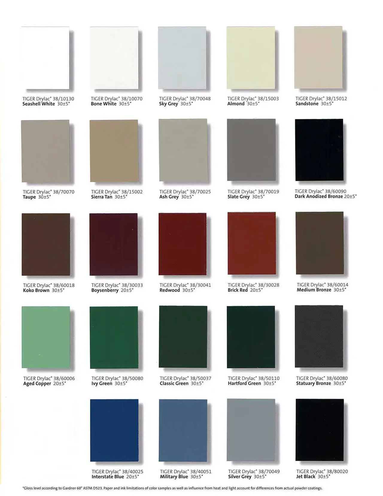 Standard color options for Poma Metals.