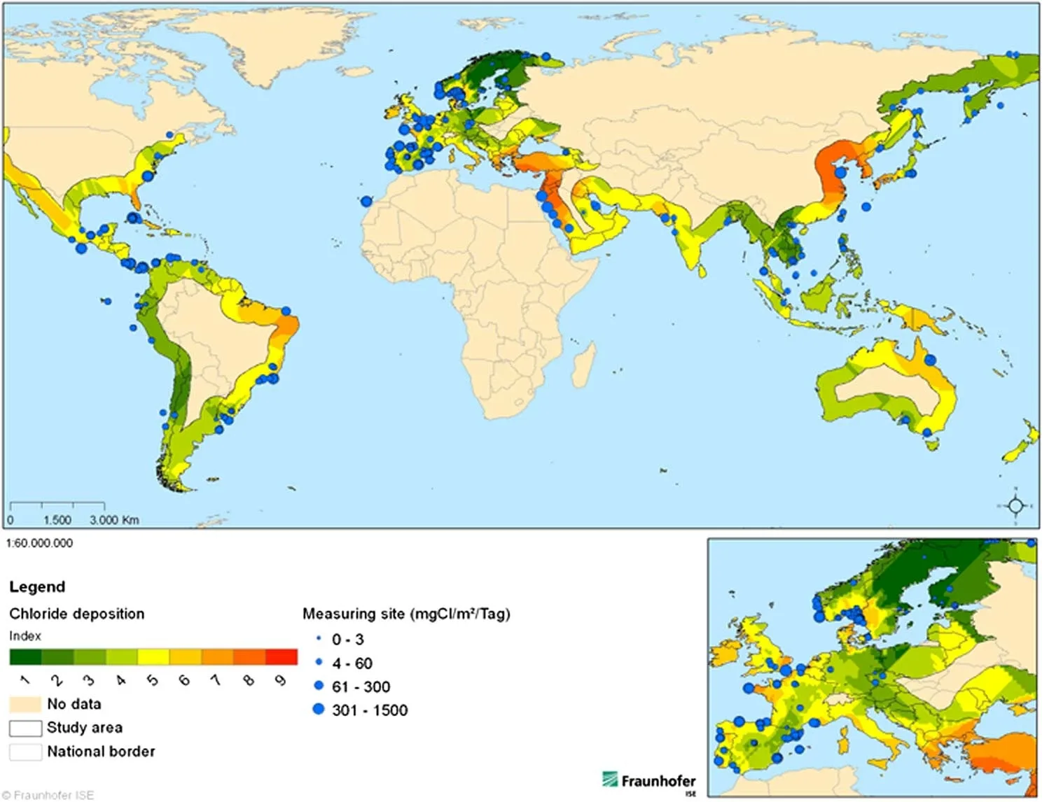 Coastal map showing salt air deposits inland, courtesy of Fraunhofer-ISE.