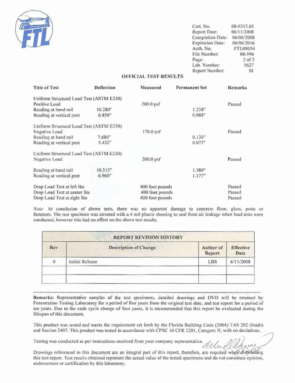 Aluminum glazed railing test results from FTL.