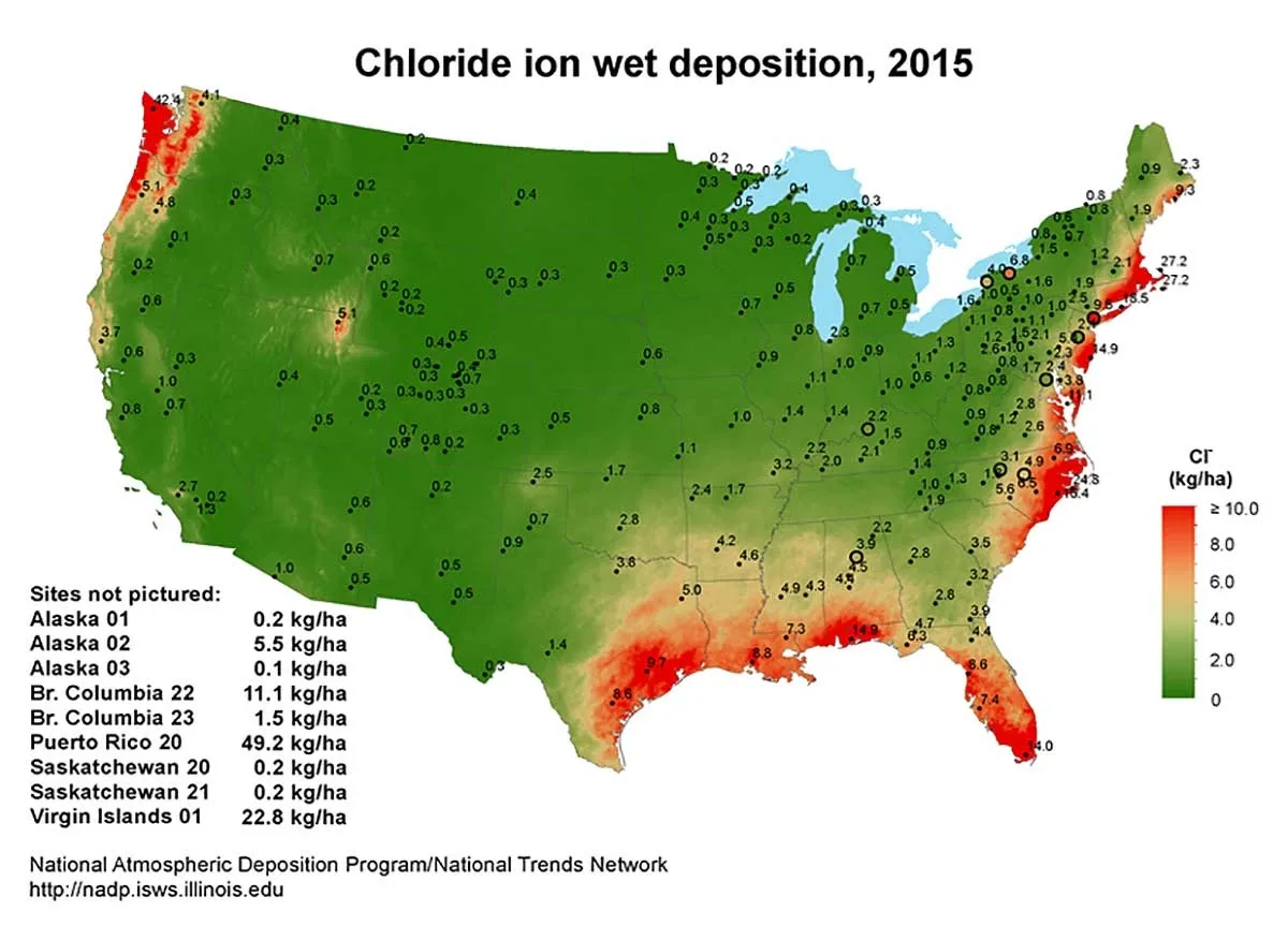 Salt chloride deposition map showing United States coastal environments.